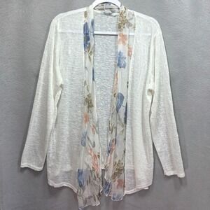 Elena Baldi Italy White Floral Silk Trim Open Front Lightweight Sweater Sz 2X